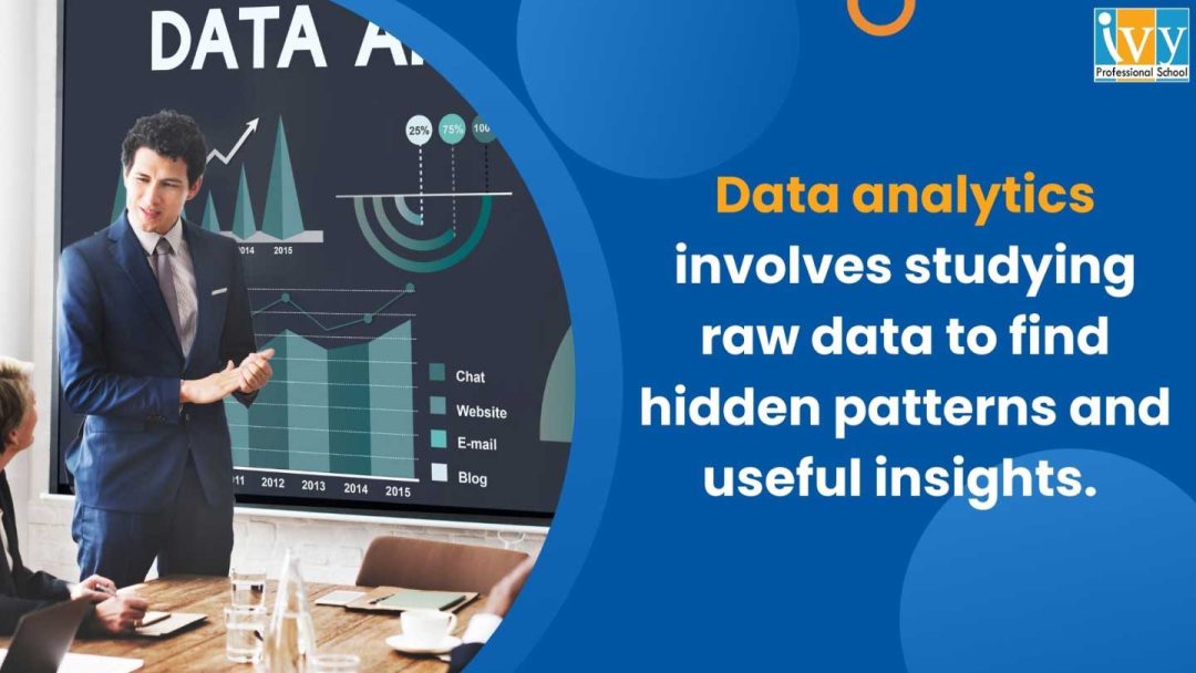 Data analytics involves studying raw data to find hidden patterns and useful insights.